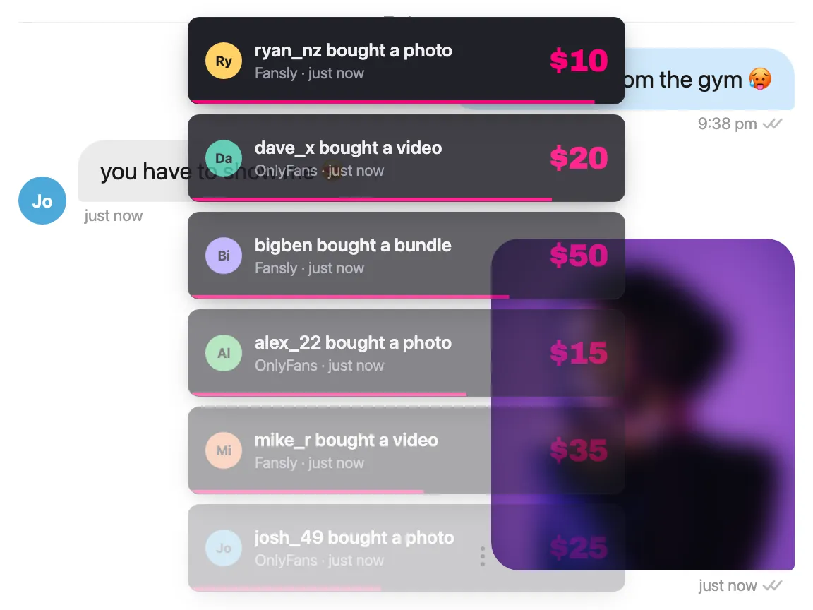 An OnlyFans conversation in which the Sassychat agent replies to a fan and sends a blurred pay-to-unlock photo. Purchase notifications then stack up across the screen: josh_49 bought a photo for $25, mike_r bought a video on Fansly for $35, alex_22 bought a photo for $15, bigben bought a bundle on Fansly for $50, dave_x bought a video for $20, and ryan_nz bought a photo on Fansly for $10.