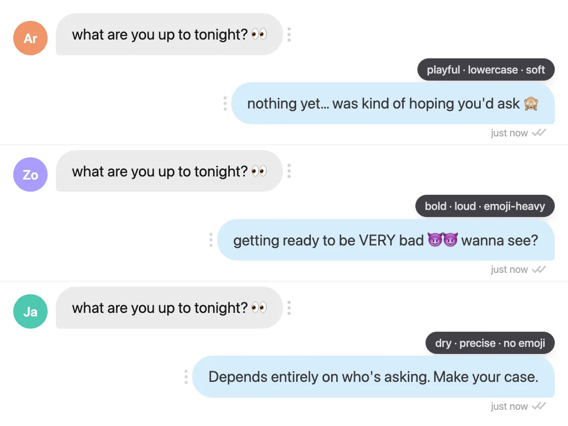 The same fan message, "what are you up to tonight?", sent to three different creators, with each reply written by the Sassychat agent in that creator's own voice. Aria's reply is soft and lowercase: "nothing yet… was kind of hoping you'd ask". Zoe's is loud and emoji-heavy: "getting ready to be VERY bad, wanna see?". Jade's is dry and punctuated, with no emoji: "Depends entirely on who's asking. Make your case."
